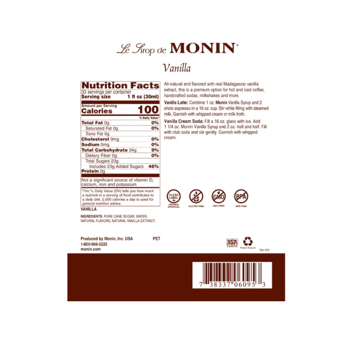 Monin Vanilla Syrup 1L Plastic Bottle