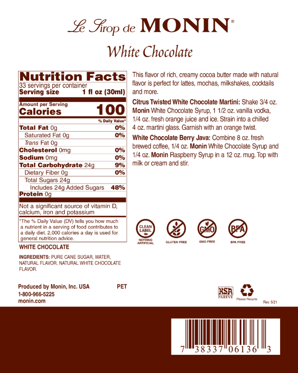 Monin White Chocolate Syrup 1L Plastic Bottle