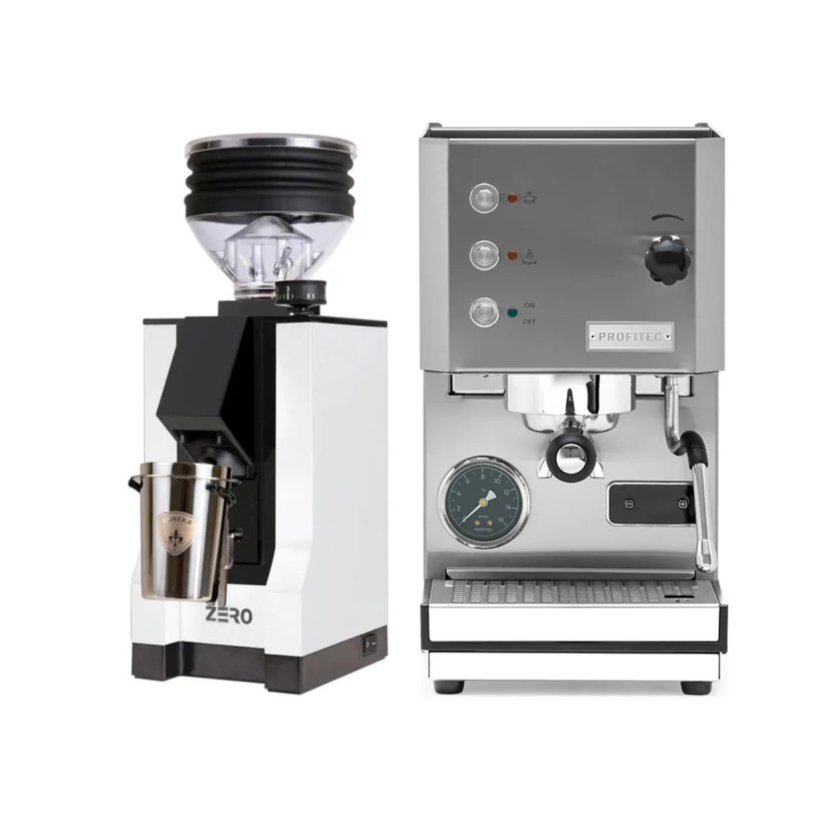 Profitec Go (Stainless Steel) & Eureka Mignon Zero w/Black Spout (White) - Bundle