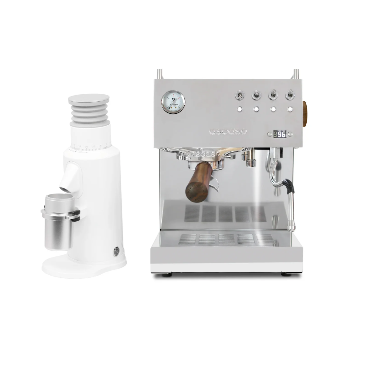 Ascaso Steel Duo (Polished) & T64 Single Dose Coffee Grinder (White) Bundle