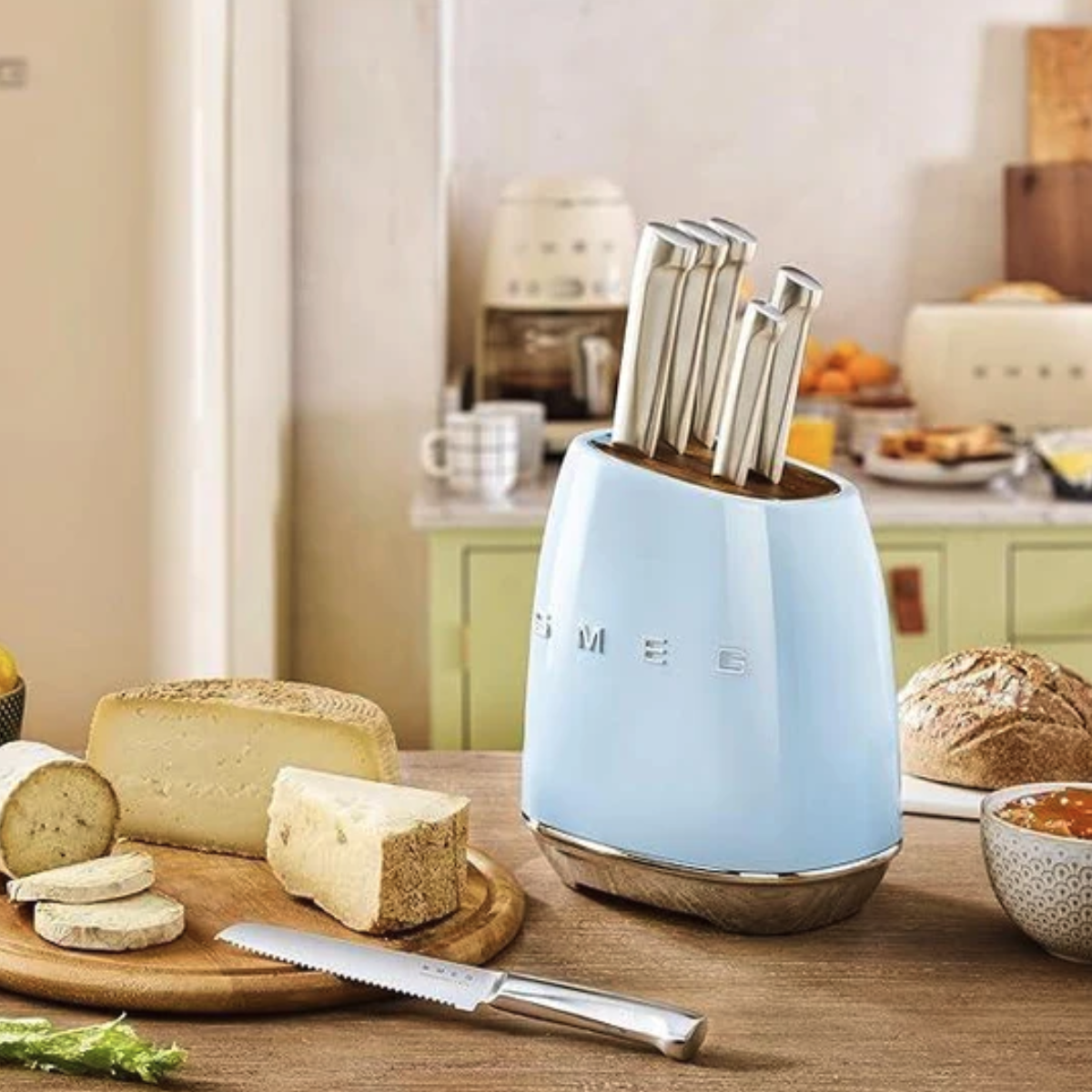 Smeg Retro-Style Knife Block with Knives KBSF01BL (Pastel Blue)