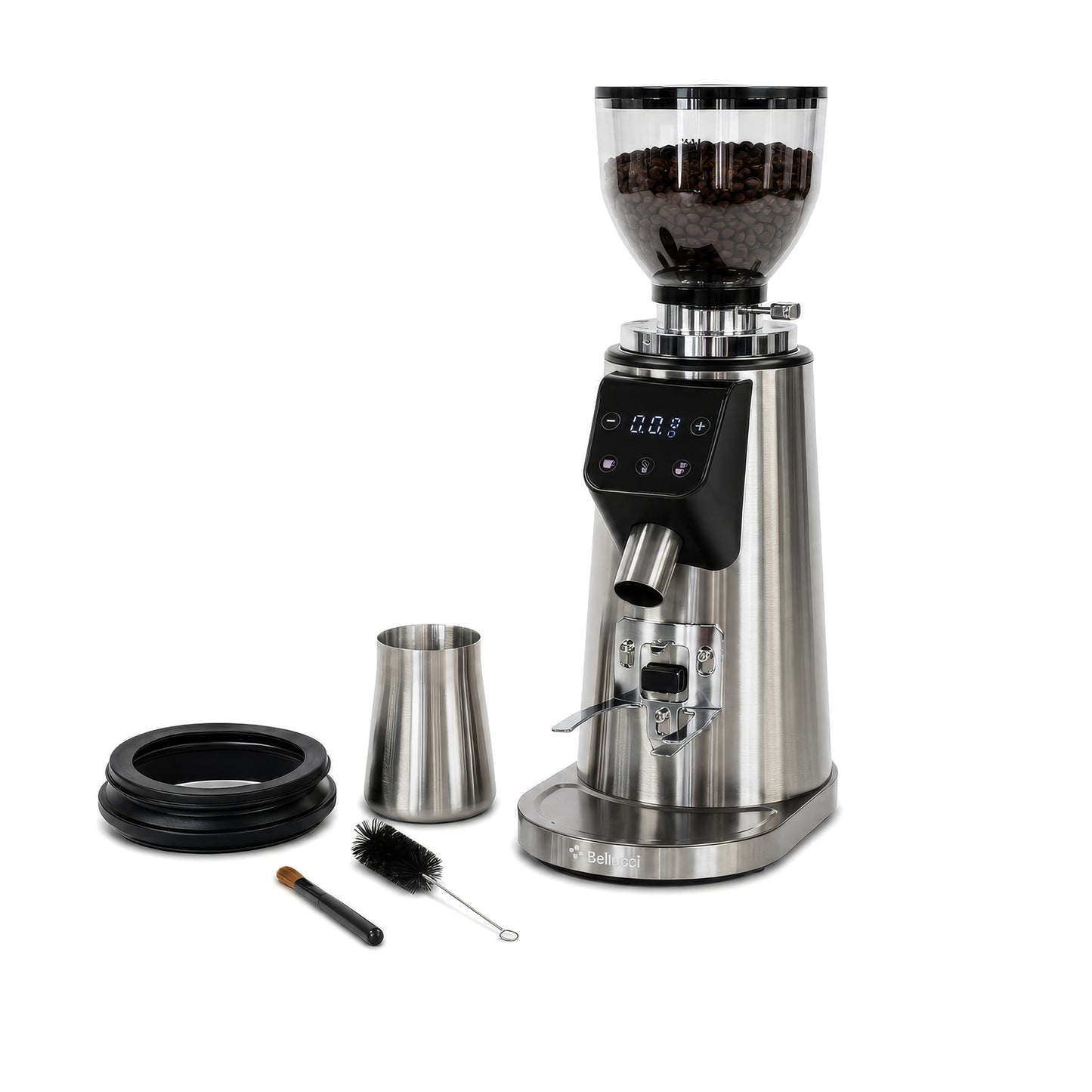 Bellucci Preciso Mini Coffee Grinder in stainless steel, shown with included accessories