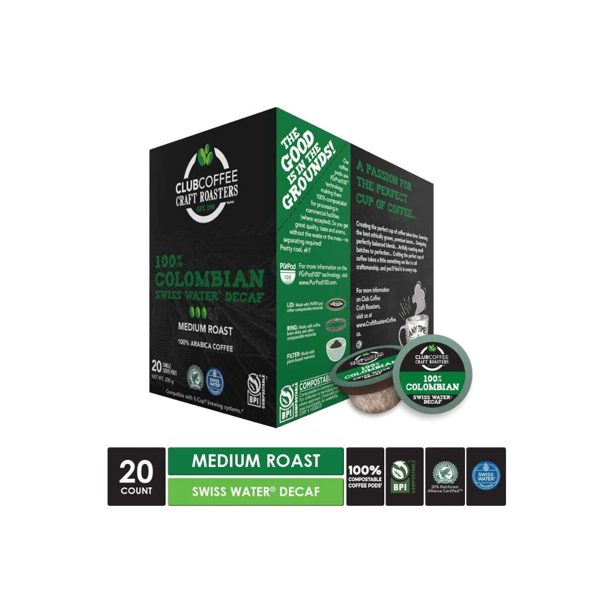 Club Coffee Craft Roasters Purpod SWP Decaf Single-Serve Coffee Pods