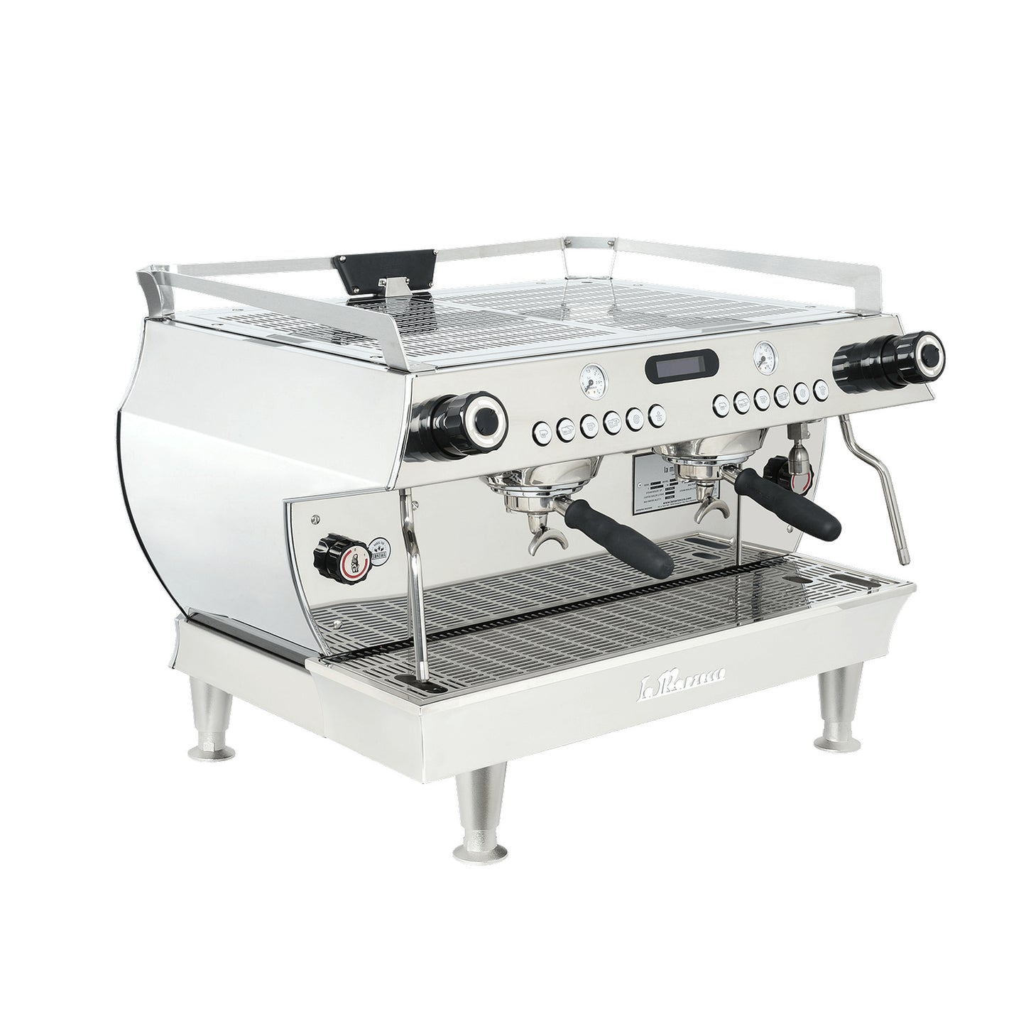 La Marzocco GB5 X two group commercial espresso machine, three-quarter front view