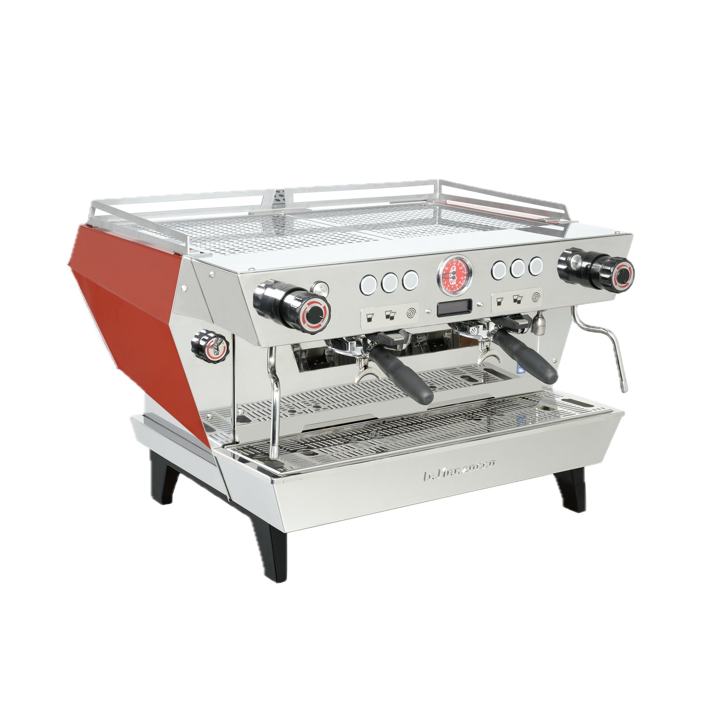 La Marzocco KB90 two group commercial espresso machine in red, angled view showing the straight-in group heads