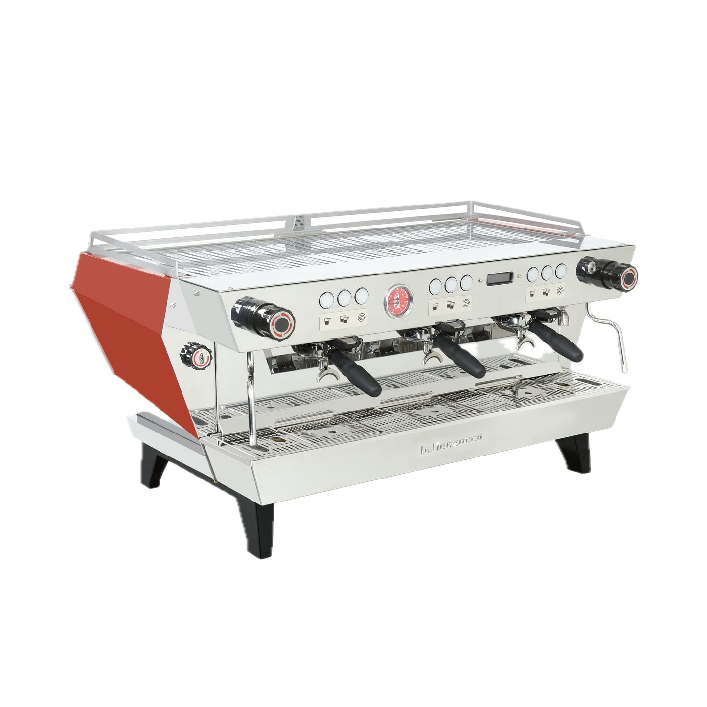 La Marzocco KB90 three group commercial espresso machine in red, angled view showing the straight-in group heads