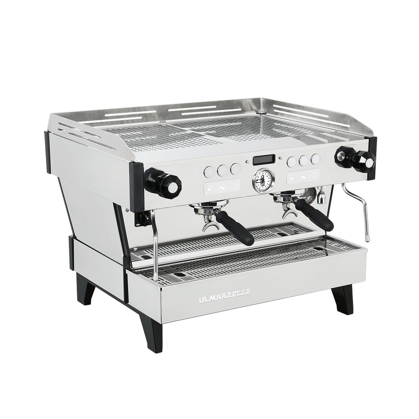 La Marzocco Linea PBX two group commercial espresso machine, angled view showing the group heads and steam wands