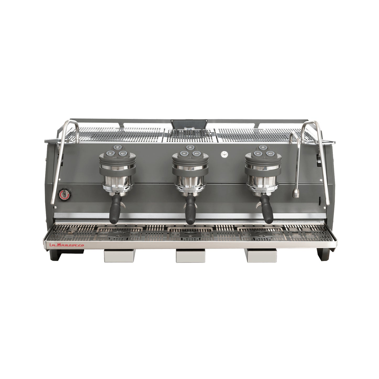 La Marzocco Strada S three group commercial espresso machine, front view in stainless steel