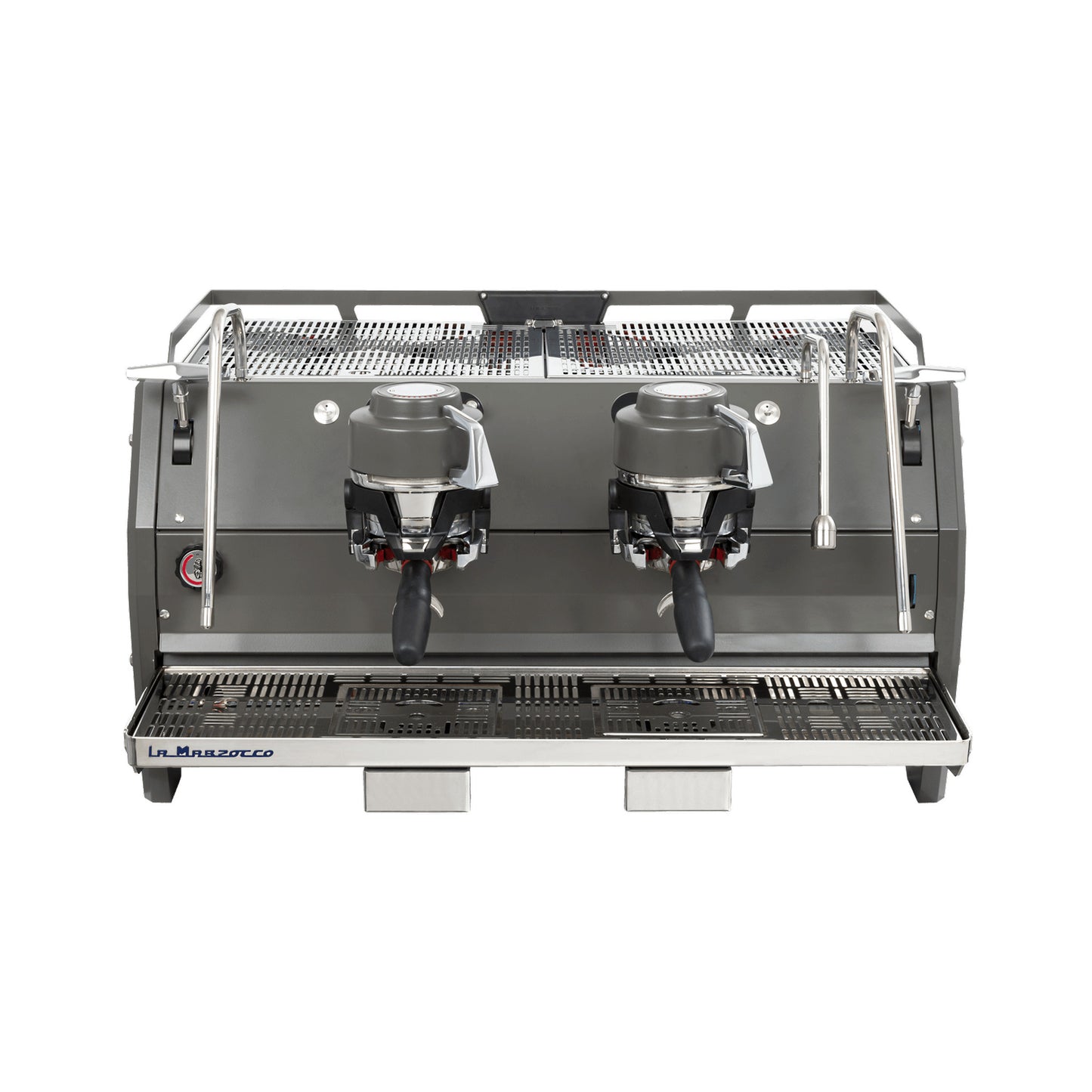 La Marzocco Strada X two group commercial espresso machine, front view in stainless steel