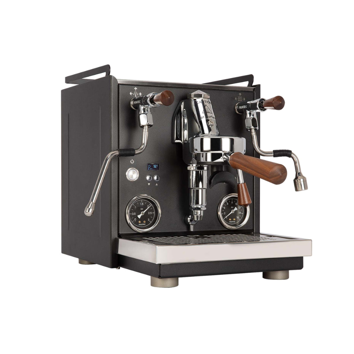 Profitec RIDE dual boiler espresso machine in matte black with walnut portafilter, three-quarter view