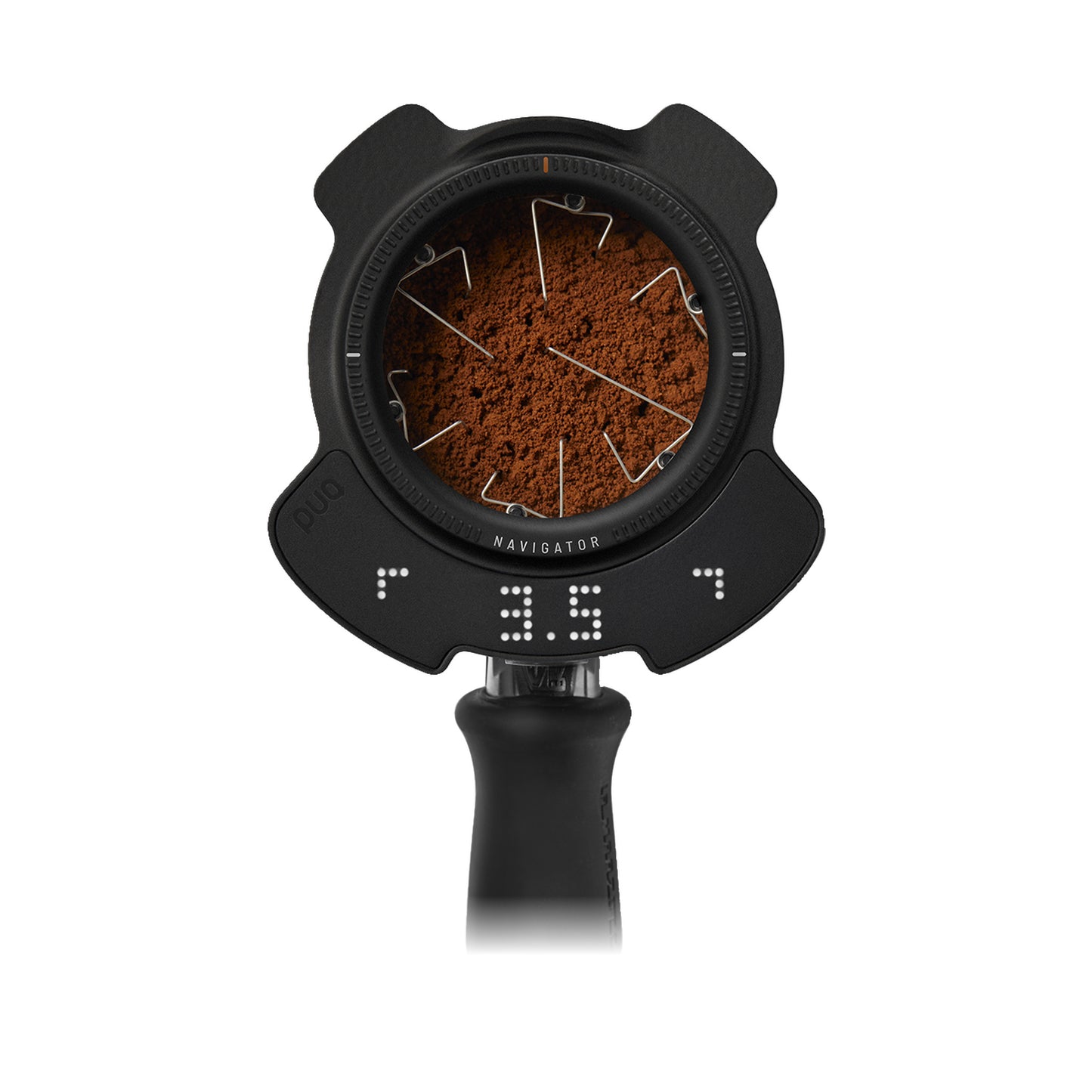 PUQ Prep Navigator in black, mounted on a portafilter with needles in the coffee bed