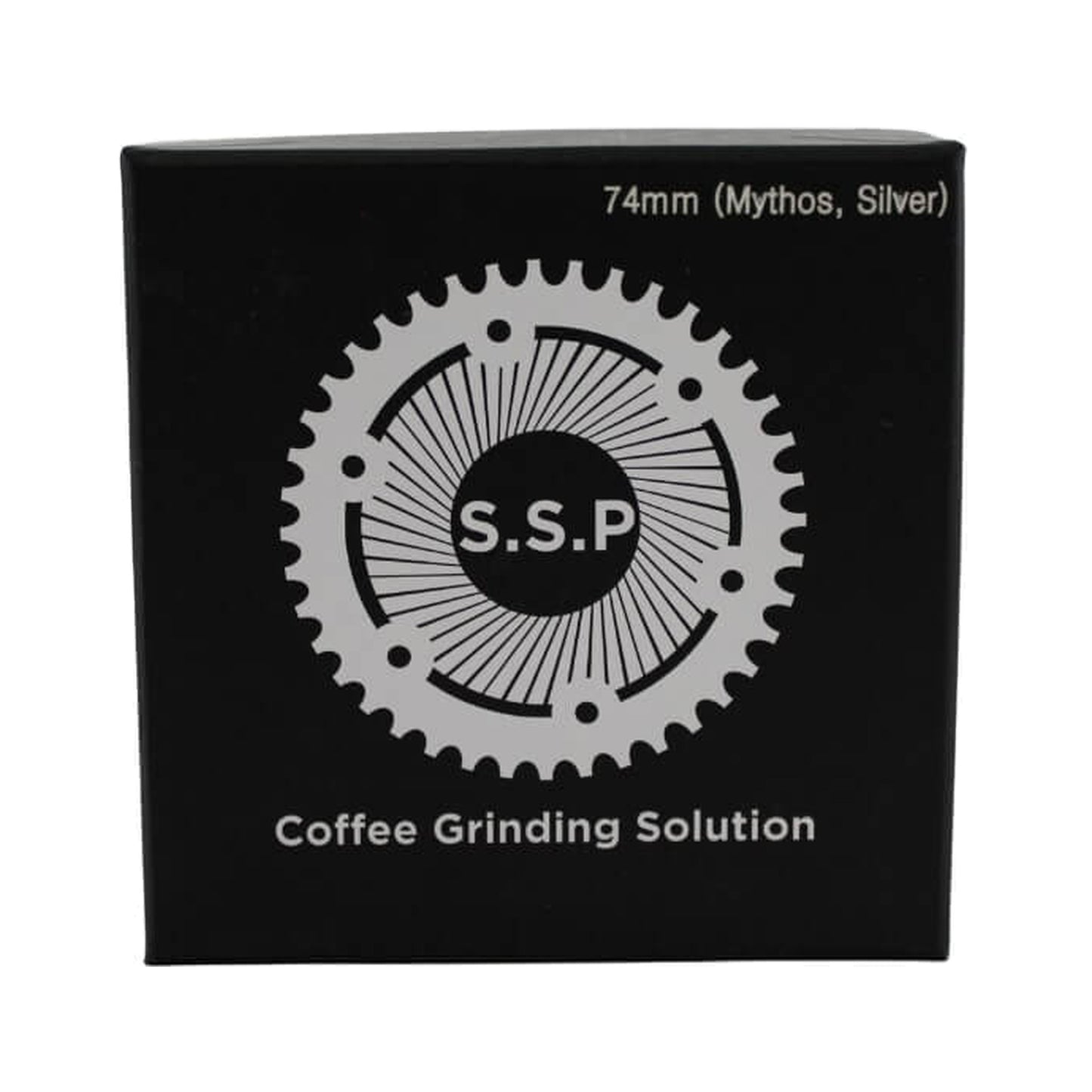 SSP 74mm Flat Burrs in silver knight, retail packaging