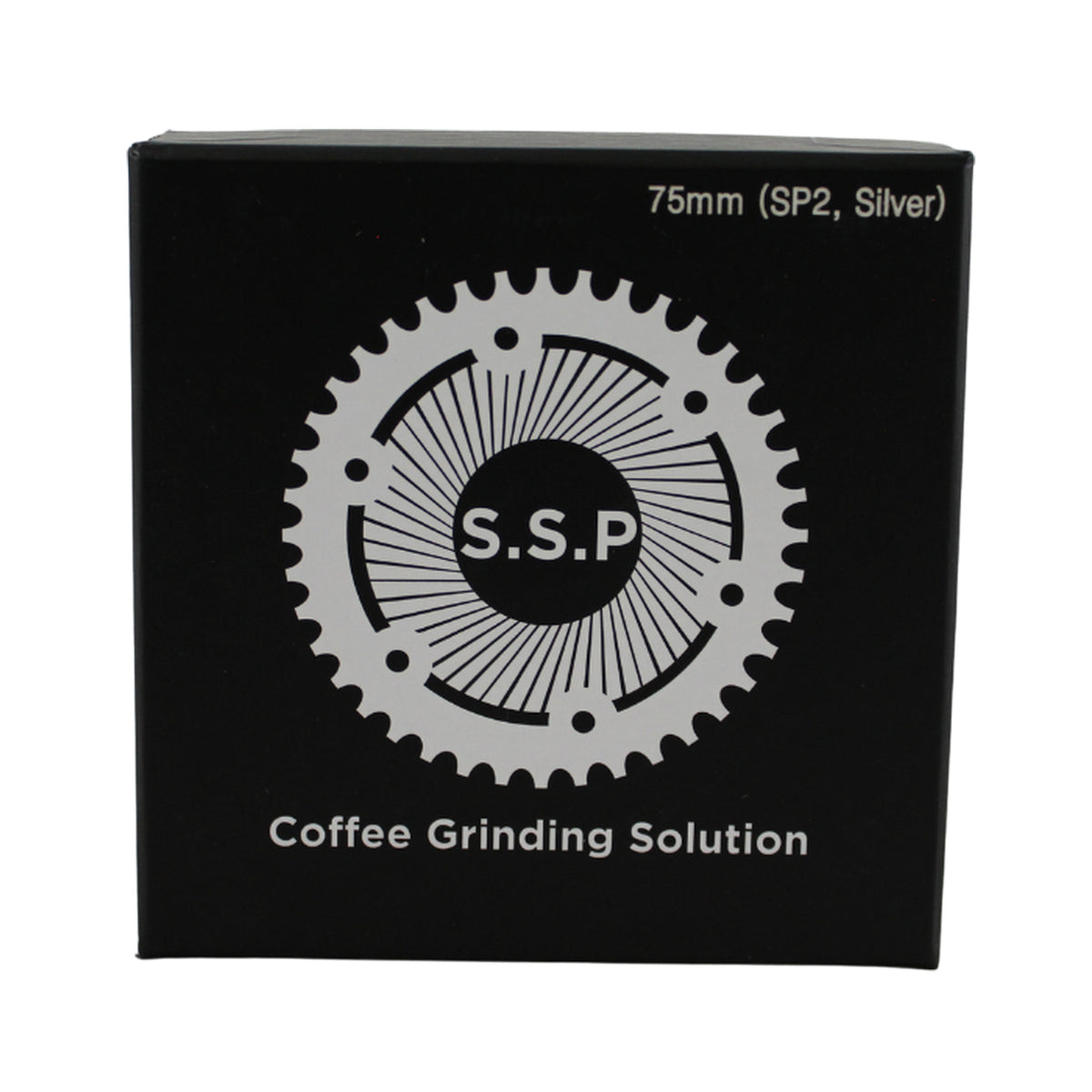 SSP 75mm Flat Burrs in silver knight, retail packaging