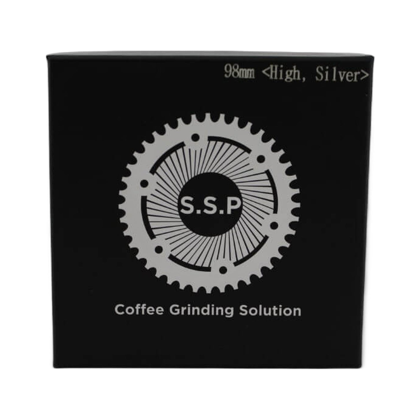 SSP 98mm Flat Burrs in silver knight, retail packaging