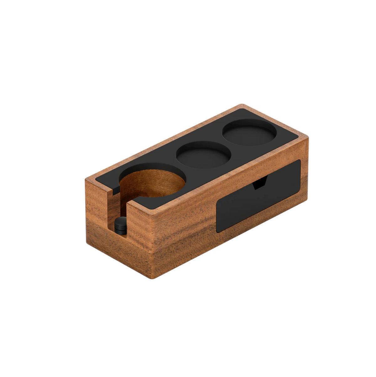 Wooden portafilter holder with black interior on a white background