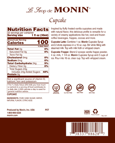 Monin Cupcake Syrup 1L Plastic Bottle