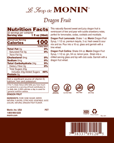 Monin Dragon Fruit Syrup 1L Plastic Bottle