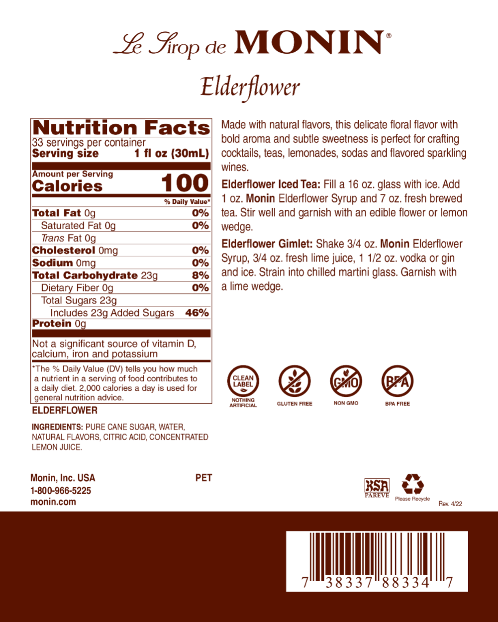 Monin Elderflower Syrup 1L Plastic Bottle