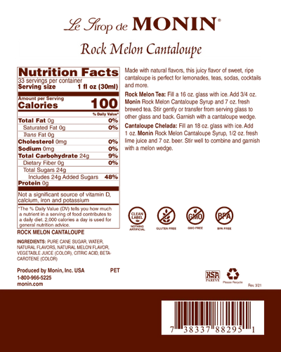 Monin Rock Melon Cantaloupe Syrup 1L Plastic Bottle