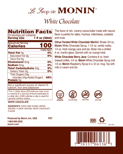 Monin White Chocolate Syrup 1L Plastic Bottle