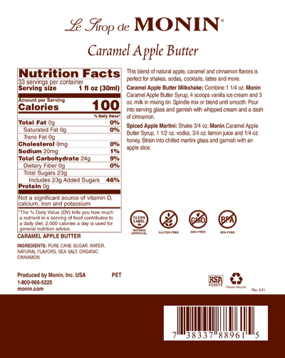 Monin Caramel Apple Butter Syrup 1L Plastic Bottle