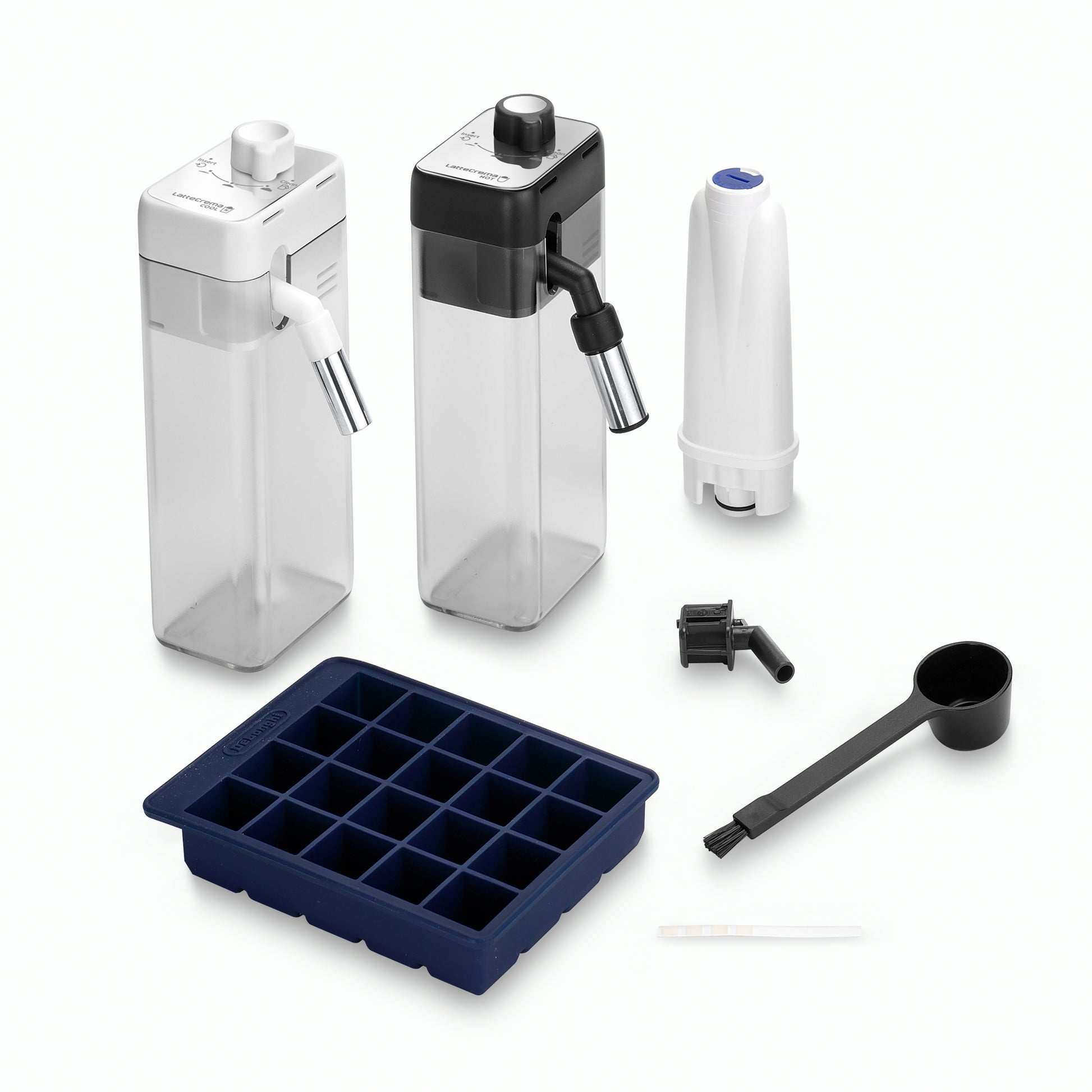 Collection of kitchen accessories including a water dispenser, ice cube tray, and measuring spoon on a white background.