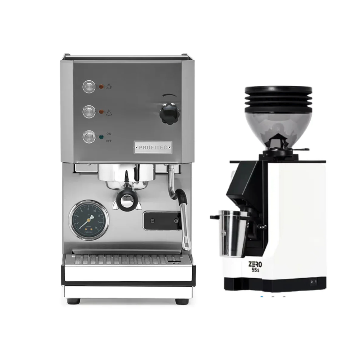 Profitec Go (Stainless Steel) & Eureka Zero 55S (White) Espresso Machine + Grinder Bundle