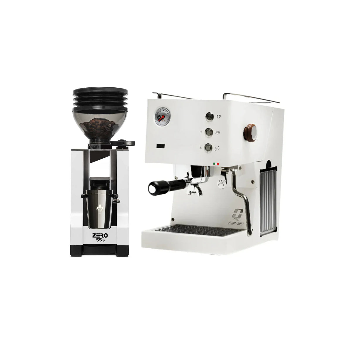 Quick Mill Pop-Up Espresso Machine (White) & Eureka Mignon Zero 55s (White) - Bundle
