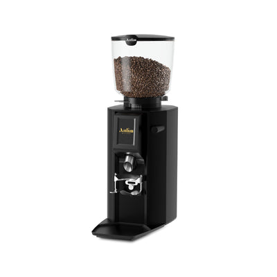 Anfim Alba espresso grinder in black, front three-quarter view with bean hopper