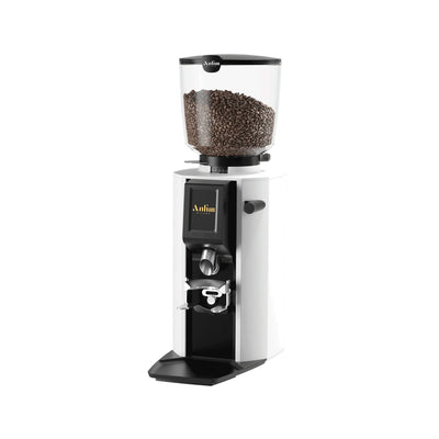 Anfim Alba espresso grinder in white, front three-quarter view with bean hopper