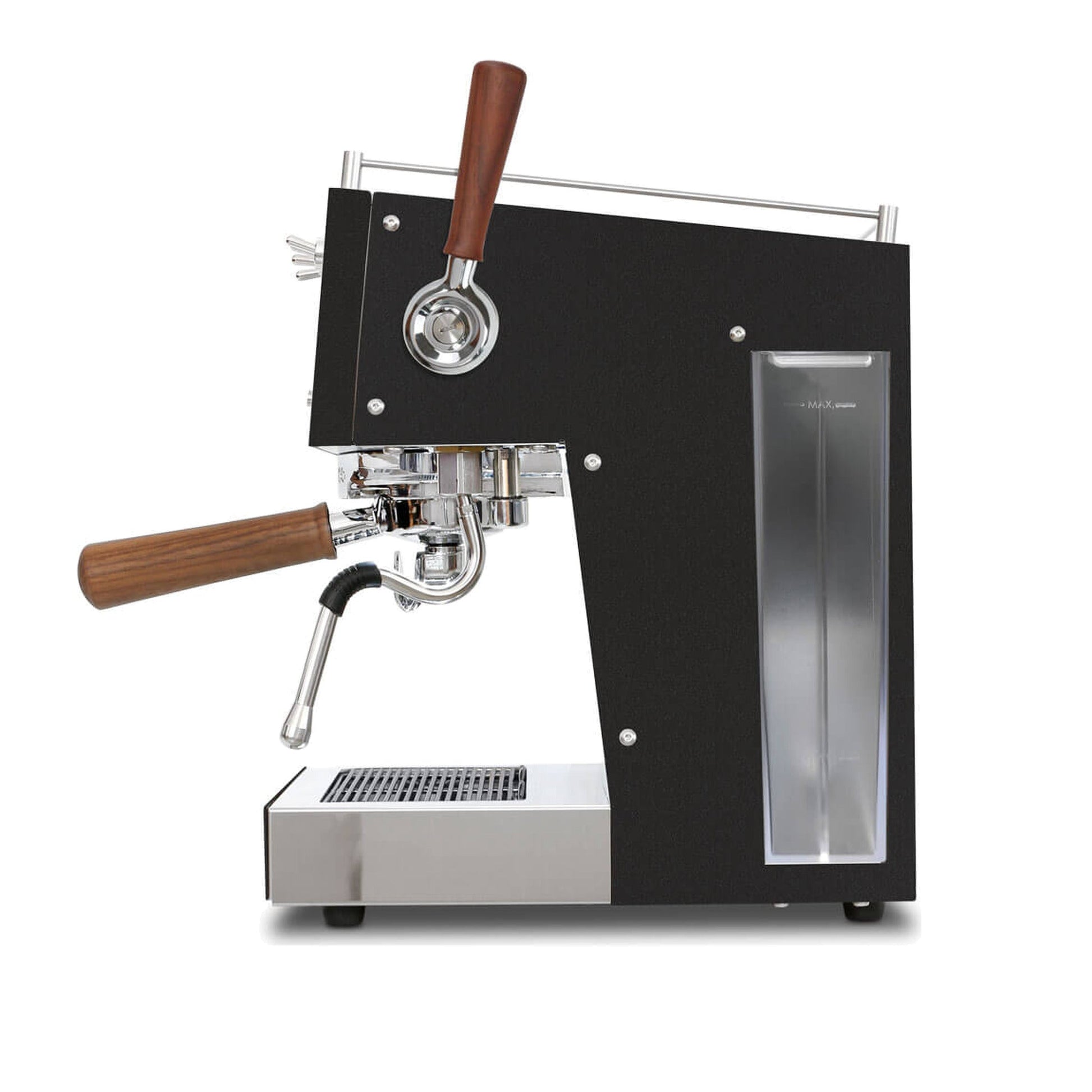 Ascaso Steel Duo Plus V2.5 PID Dual Thermoblock Espresso Machine in black, side profile showing the water reservoir