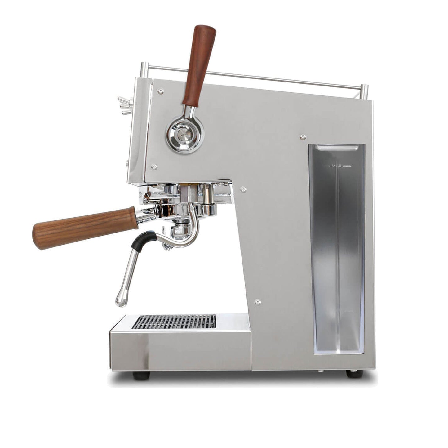 Ascaso Steel Duo Plus V2.5 PID Dual Thermoblock Espresso Machine in inox, side profile showing the water reservoir