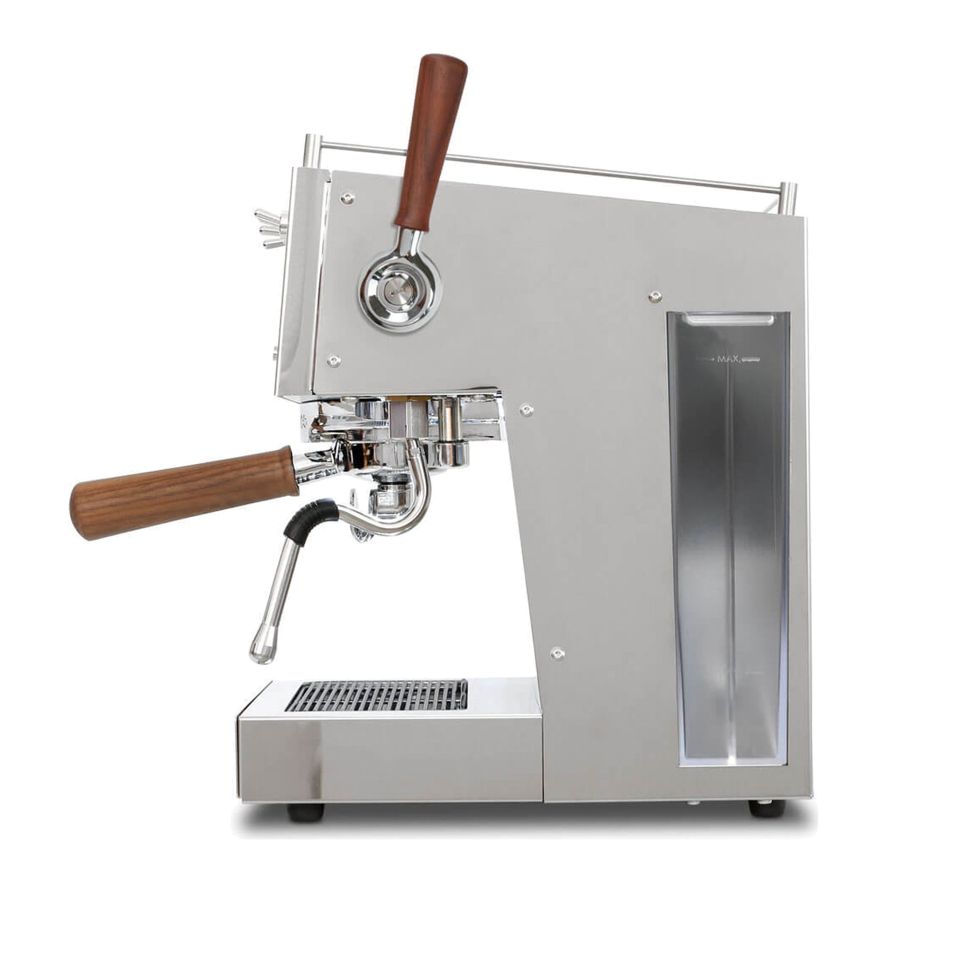 Ascaso Steel Duo Plus V2.5 PID Dual Thermoblock Espresso Machine in inox, side profile showing the water reservoir