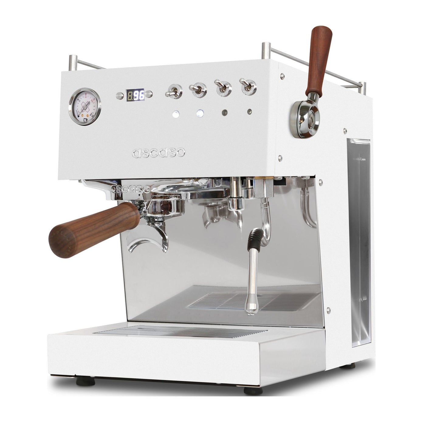 Ascaso Steel Duo Plus V2.5 PID Dual Thermoblock Espresso Machine in white, three-quarter front view
