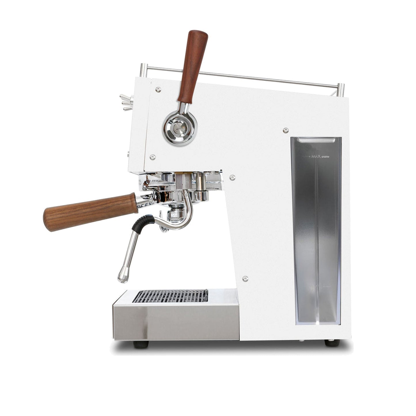 Ascaso Steel Duo Plus V2.5 PID Dual Thermoblock Espresso Machine in white, side profile showing the water reservoir