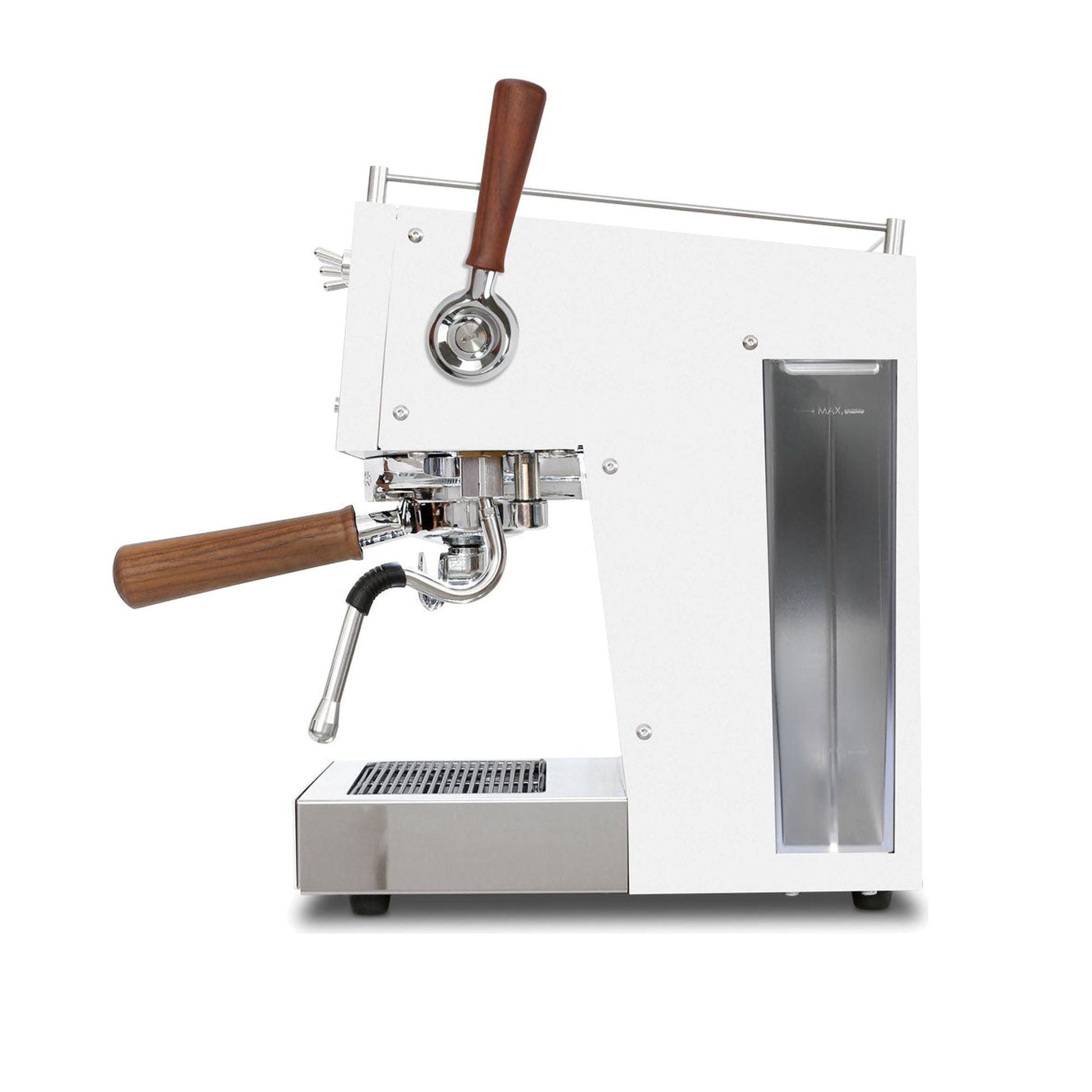 Ascaso Steel Duo Plus V2.5 PID Dual Thermoblock Espresso Machine in white, side profile showing the water reservoir