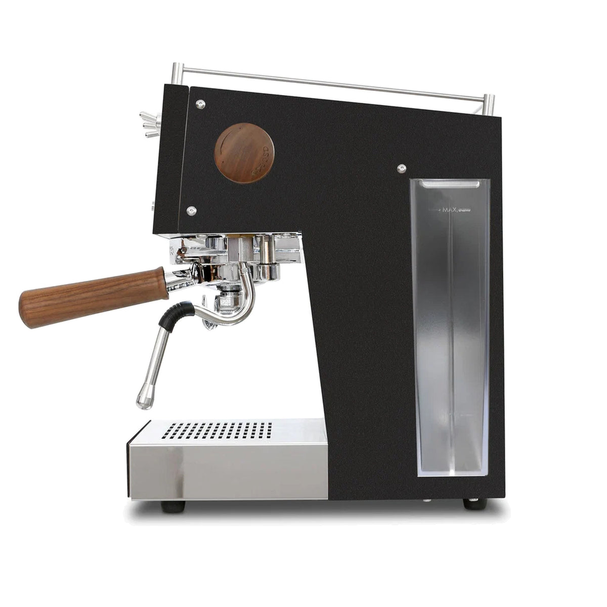 Ascaso Steel Duo V2.5 PID Dual Thermoblock Espresso Machine in black, side profile showing the water reservoir