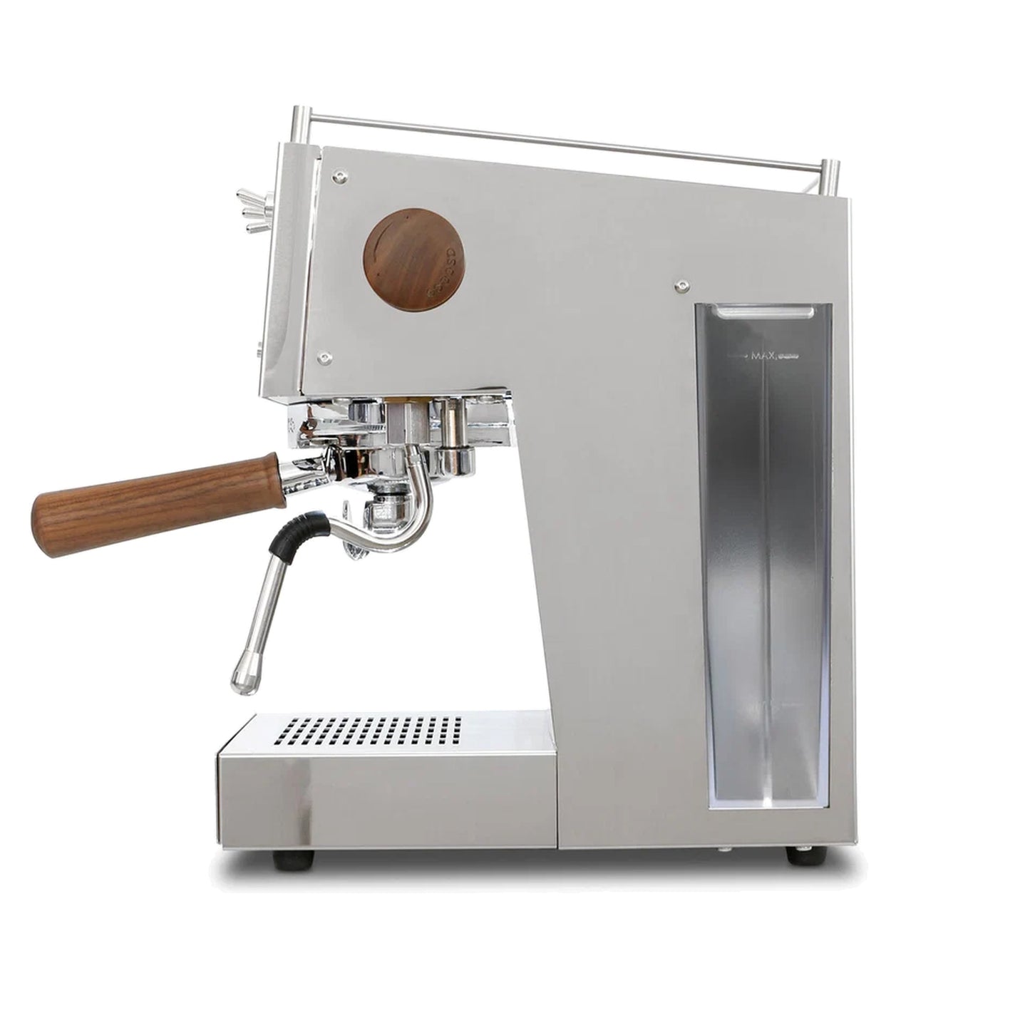 Ascaso Steel Duo V2.5 PID Dual Thermoblock Espresso Machine in inox stainless steel, side profile showing the water reservoir