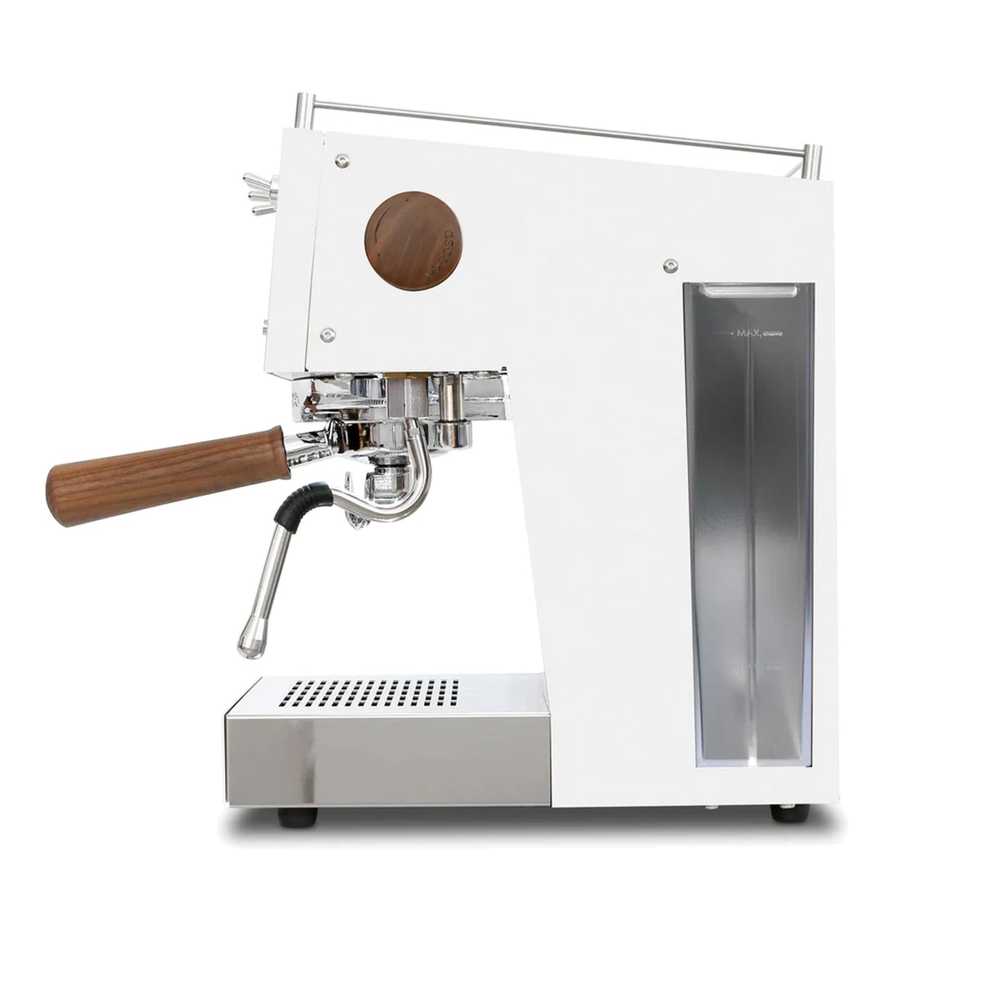 Ascaso Steel Duo V2.5 PID Dual Thermoblock Espresso Machine in white, side profile showing the water reservoir