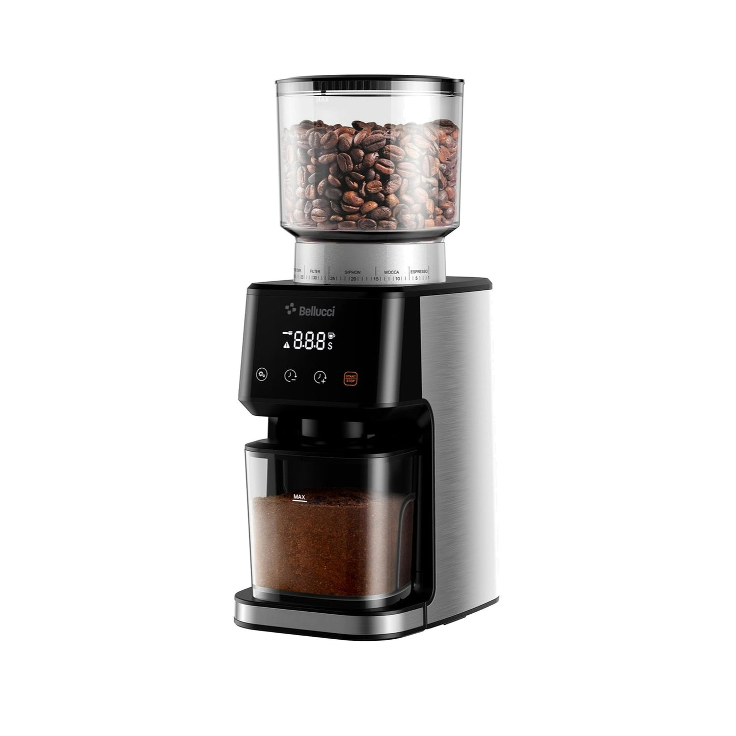 Bellucci Casa Coffee Grinder in black, front view with touch screen display