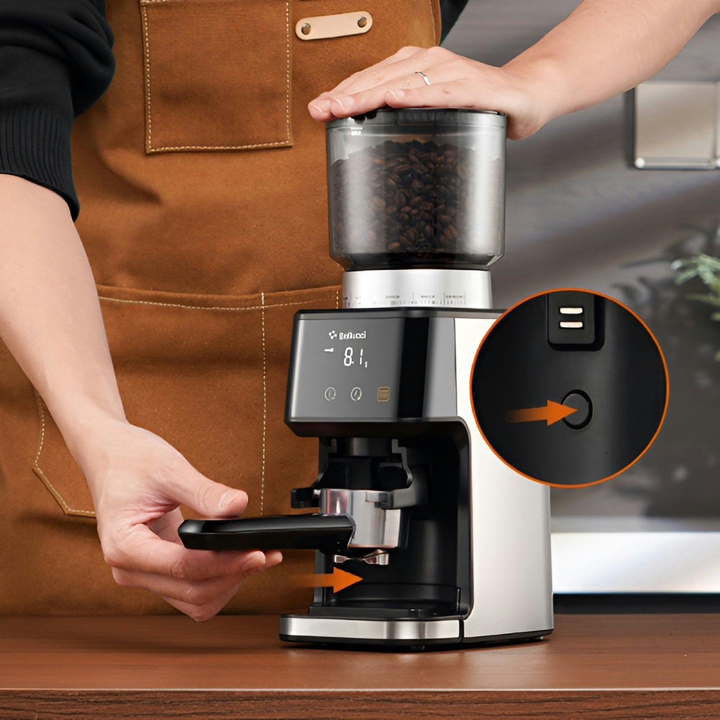 Bellucci Casa Coffee Grinder in black, in use on a kitchen counter