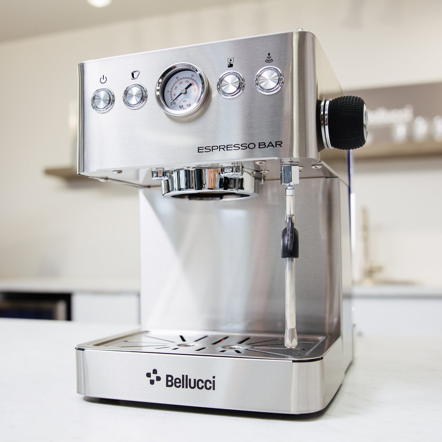 Bellucci Espresso Bar Semi-Automatic Espresso Machine in stainless steel, front view with pressure gauge and 58mm portafilter