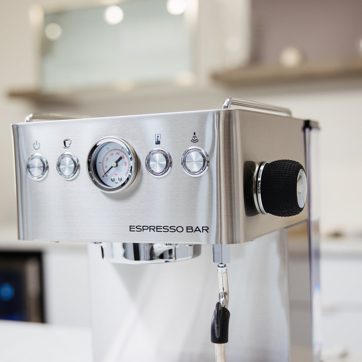 Bellucci Espresso Bar Semi-Automatic Espresso Machine in stainless steel, control panel and pressure gauge detail