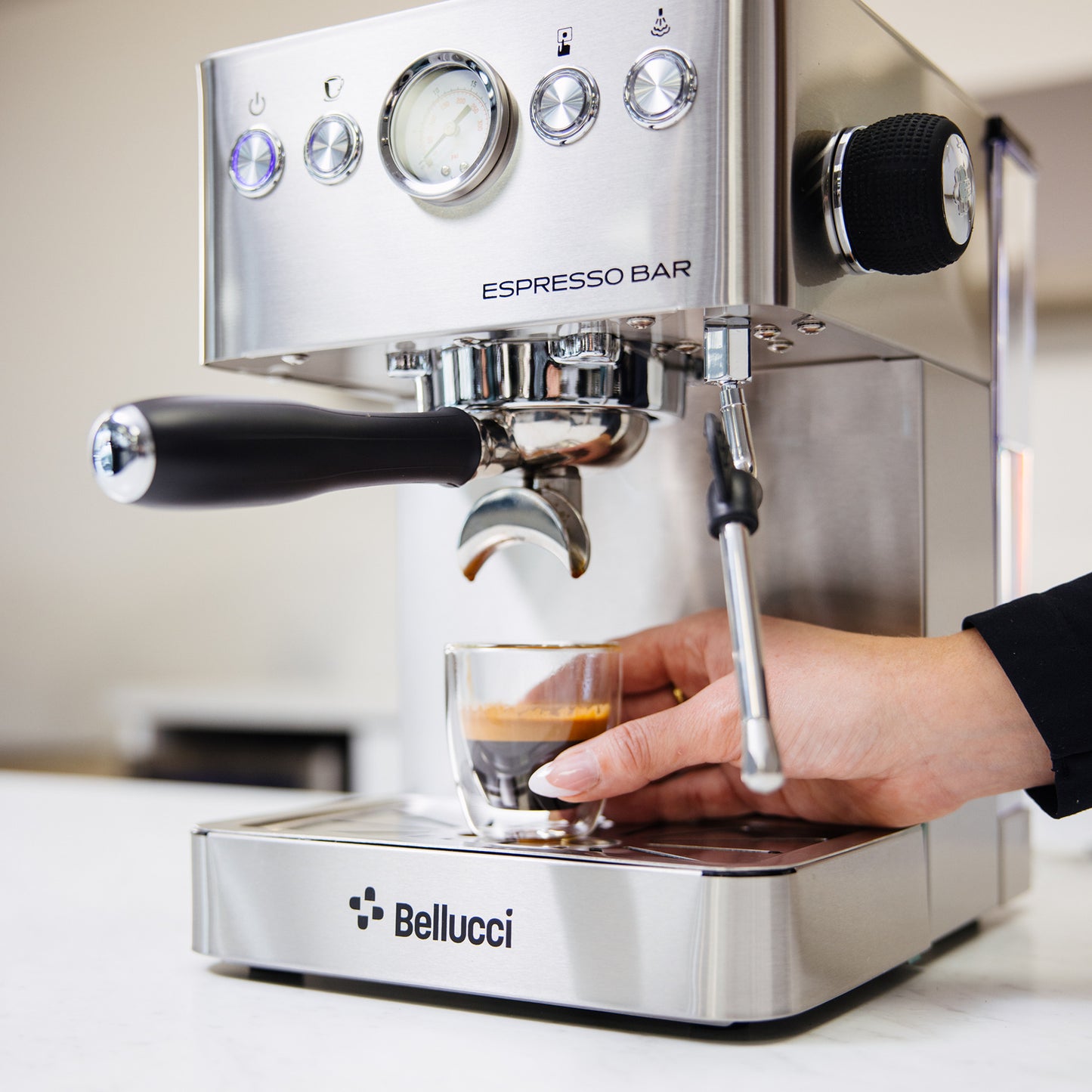 Bellucci Espresso Bar Semi-Automatic Espresso Machine in stainless steel, pulling an espresso shot
