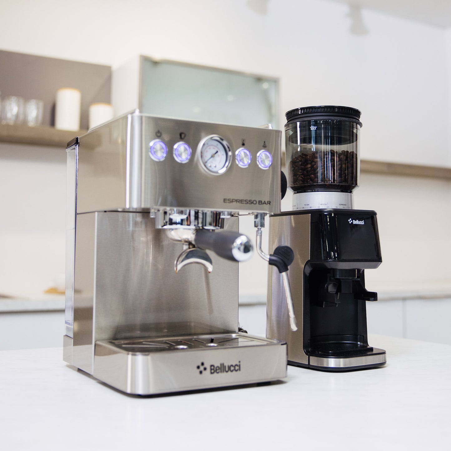Bellucci Espresso Bar Semi-Automatic Espresso Machine in stainless steel, paired with a Bellucci coffee grinder