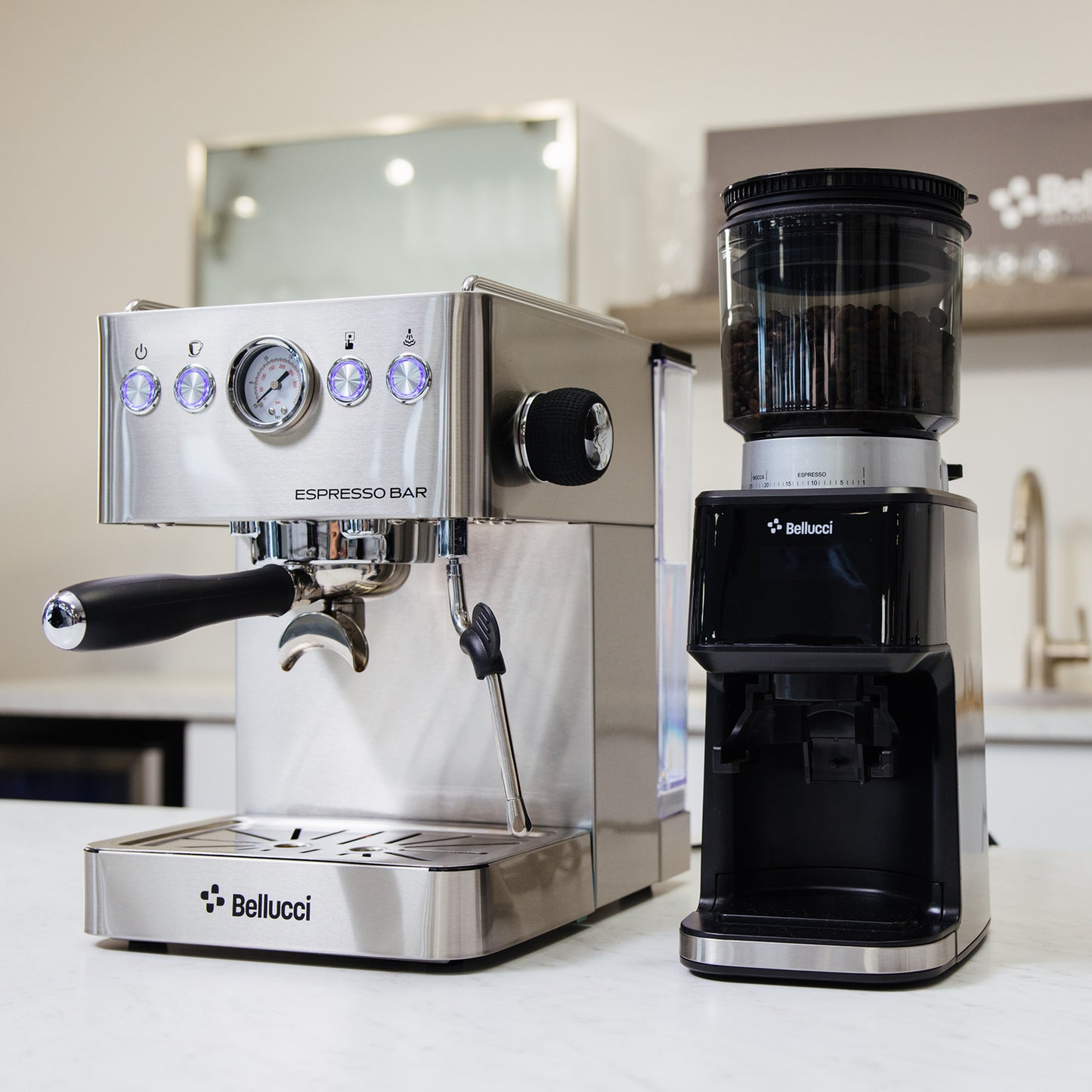 Bellucci Espresso Bar Semi-Automatic Espresso Machine in stainless steel, espresso setup on a kitchen counter