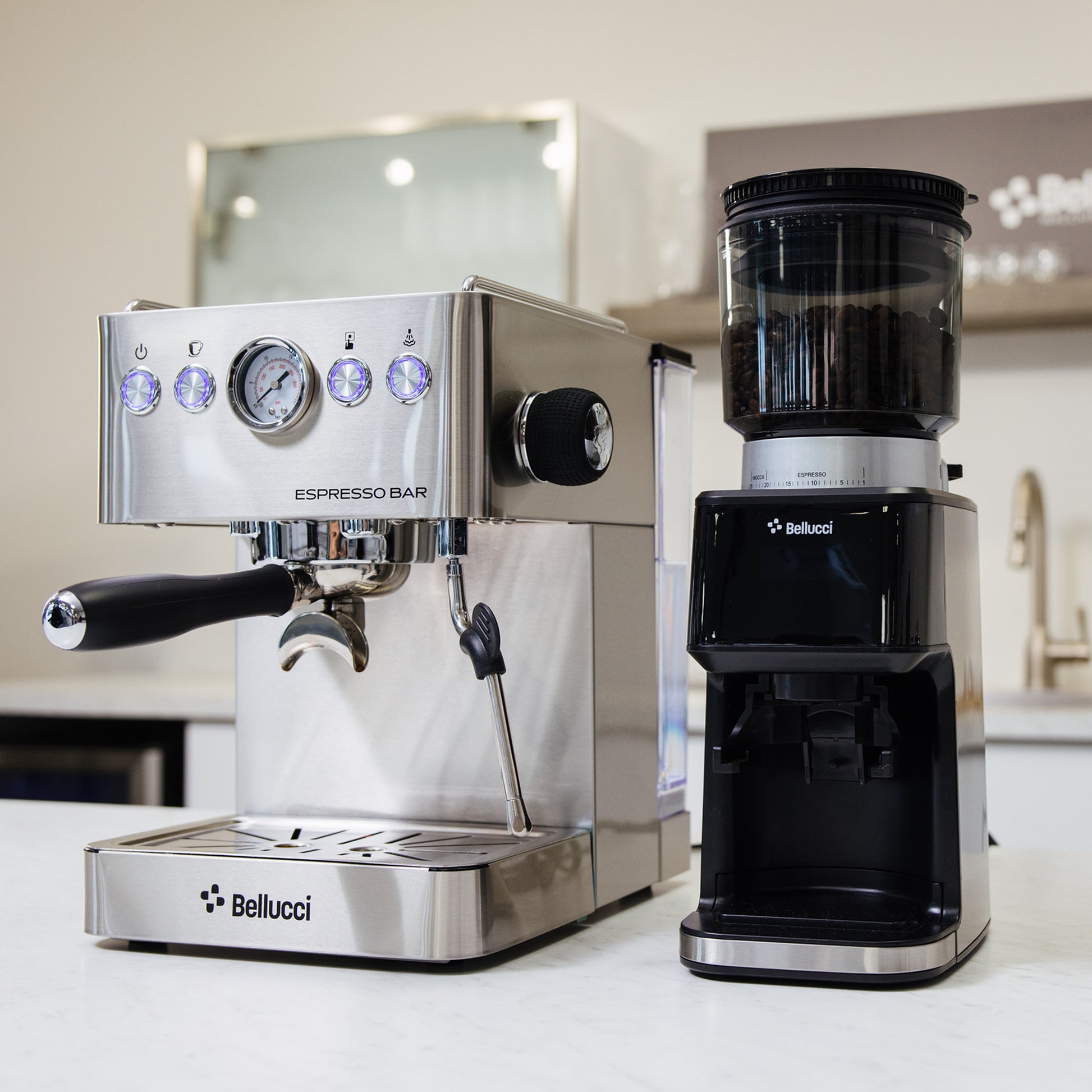 Bellucci Espresso Bar Semi-Automatic Espresso Machine in stainless steel, espresso setup on a kitchen counter