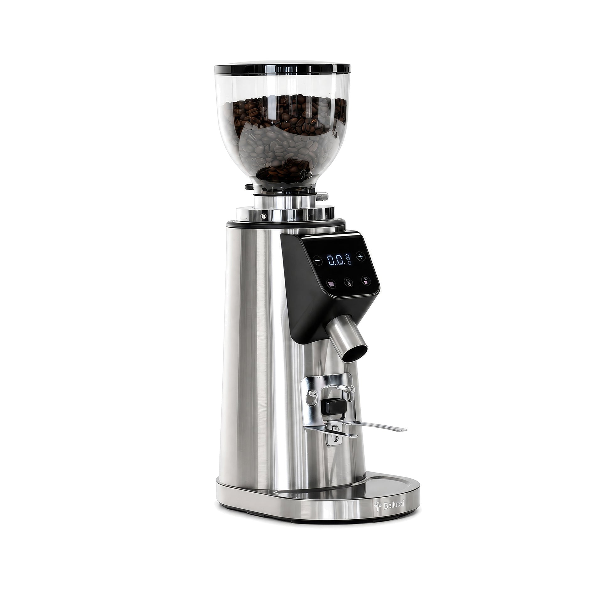 Bellucci Preciso Mini Coffee Grinder in stainless steel, side profile with the adjustable portafilter holder