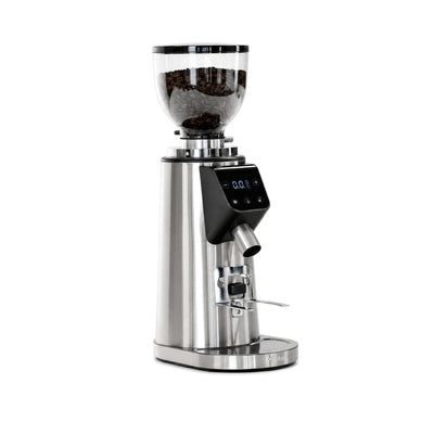 Bellucci Preciso Mini Coffee Grinder in stainless steel, side profile with the adjustable portafilter holder