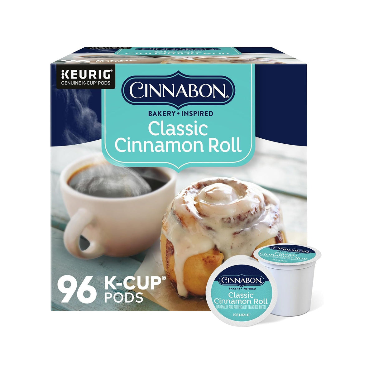 96-count retail box of Cinnabon Classic Cinnamon Roll Keurig K-Cup pods